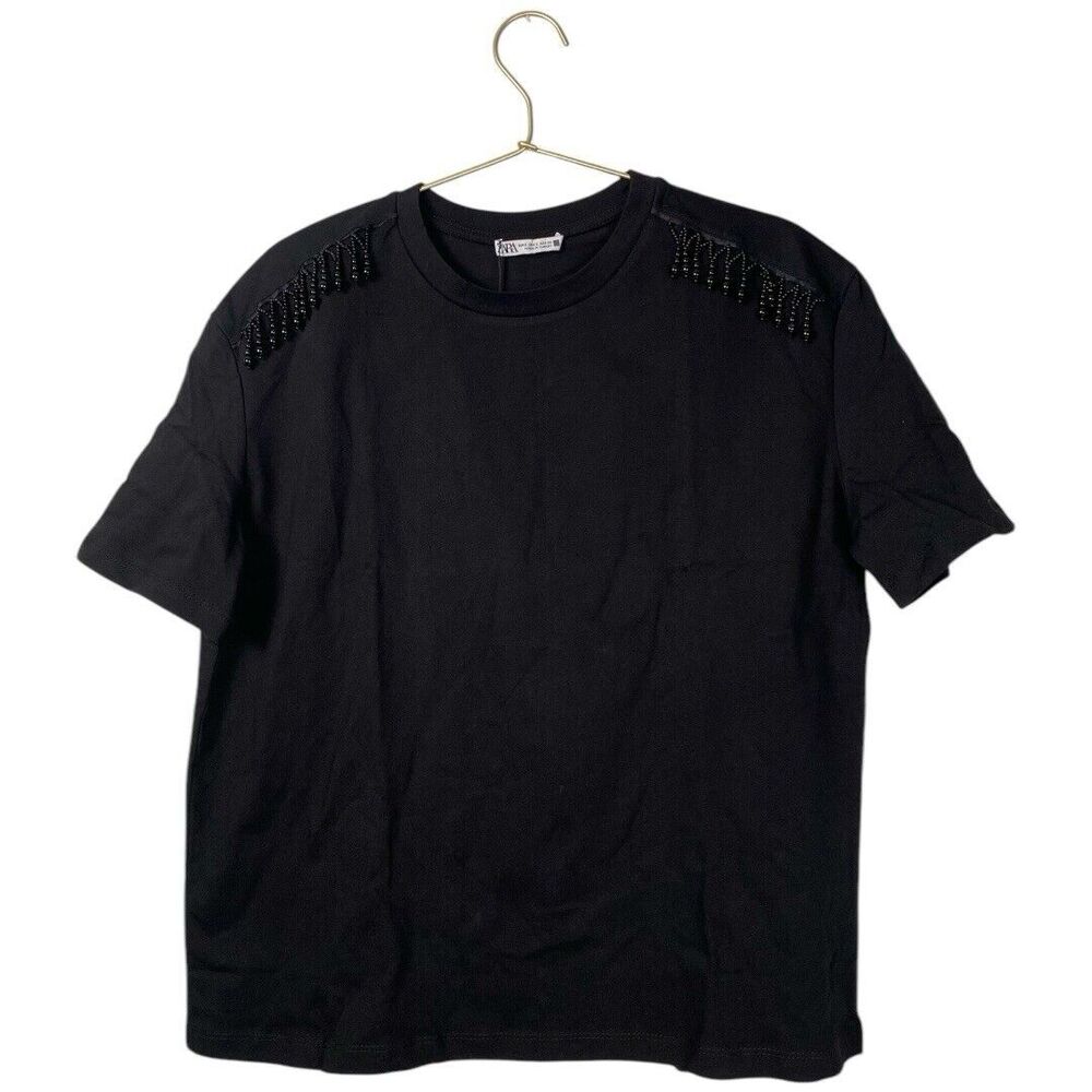 Zara Women's Short Sleeve Tee Shirt Beaded Shoulders Solid‎ Black Size S WP634